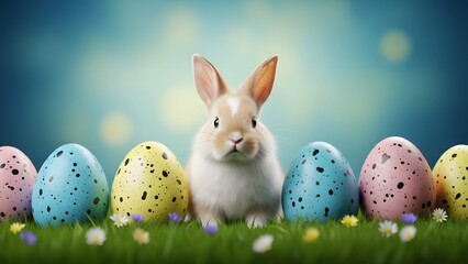A rabbit sits among colorful, speckled Easter eggs on grass with flowers.