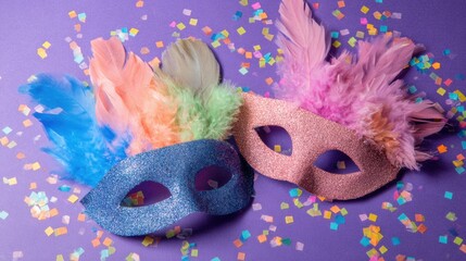 Colorful masks on a table with confetti during a celebration or party
