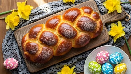 Braided loaf of bread with daffodils and colorful Easter eggs on a wooden table.