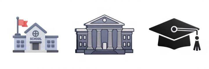 Education Icons Set Including School, University Building and Graduation Cap