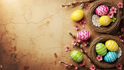 Colorful Easter eggs in woven nests with pink flowers and branches on a textured, cracked surface.
