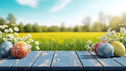 Easter eggs with floral patterns on a blue wooden surface surrounded by daisies and grass, with a field and trees in the background.