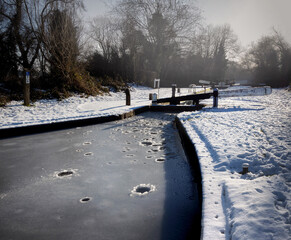 Frozen water on a canal locks