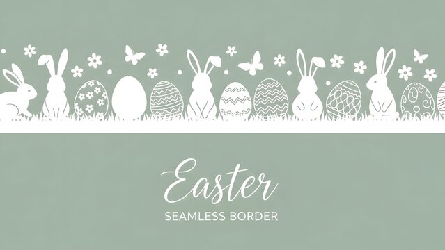 Easter-themed seamless border with rabbits, eggs, and flowers on a green background.
