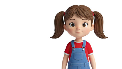 3D Render of a Young Girl with Ponytails and Overalls
