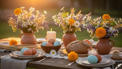 Outdoor table with colorful flowers, pastel eggs, bread, and a glowing candle.