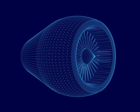 A detailed 3D wireframe model of a jet engine turbine, revealing its complex internal structure against a solid blue background.