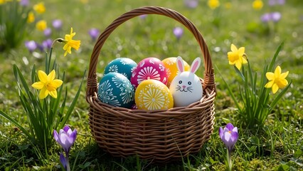 Wicker basket with colorful Easter eggs and a bunny egg surrounded by daffodils and crocuses.