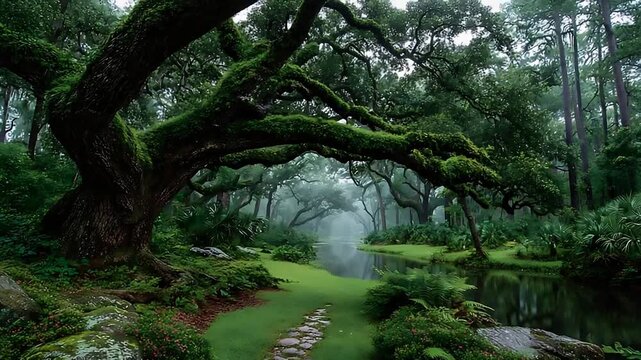 Misty Enchanted Forest with Ancient Mossy Trees Arching Over a Serene River and Stone Path.