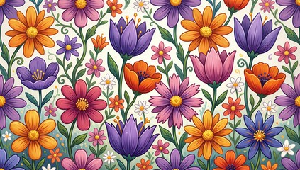 Vibrant floral pattern: colorful blossoms, leaves, and swirls on light background.