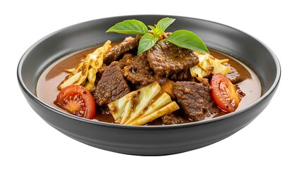 Fototapeta premium A close-up shot of a savory beef stew with cabbage, tomato, and a rich brown sauce, garnished with fresh basil leaves in a dark bowl on a white background.