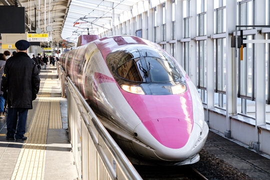 JR West 500 series Shinkansen bullet train with pointed nose featuring a special theme of Hello Kitty at Okayama Station on 22 Dec 2025
