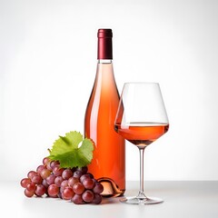 A bottle of ros&eacute; wine, a glass filled with ros&eacute;, and a cluster of red grapes with a green leaf.
