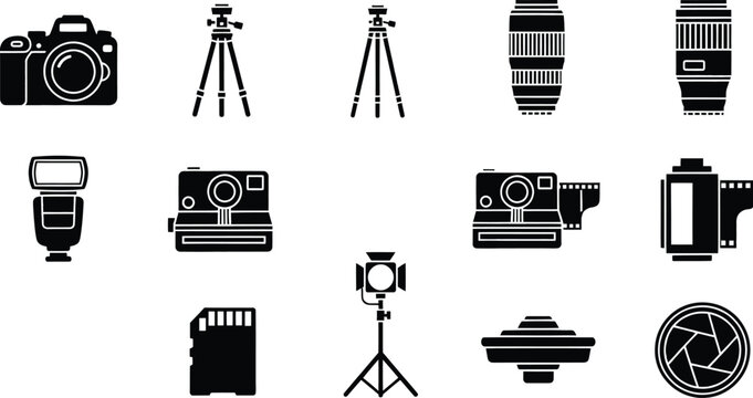 A set of silhouette icons illustrating various photography equipment and accessories