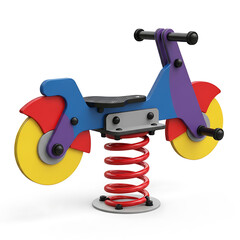 A colorful playground spring rider designed like a motorcycle with yellow wheels, blue body, and red spring.