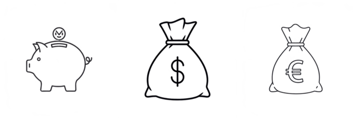 Savings & Money Line Icons Set – Piggy Bank, Dollar and Euro Money Bags Outline Symbols