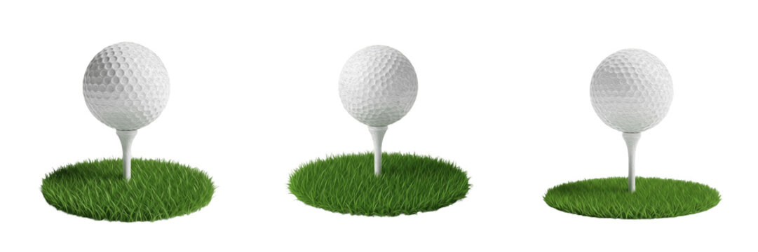 Golf Ball on Tee Set &ndash; White Golf Balls on Green Grass Isolated on White Background