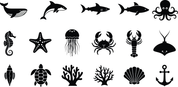 A collection of black silhouette icons of various sea creatures and marine objects