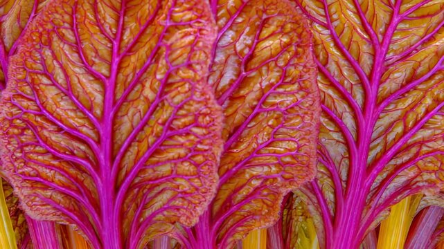 Vibrant Close Up of Ruby Red Swiss Chard Leaves with Golden Yellow Texture.