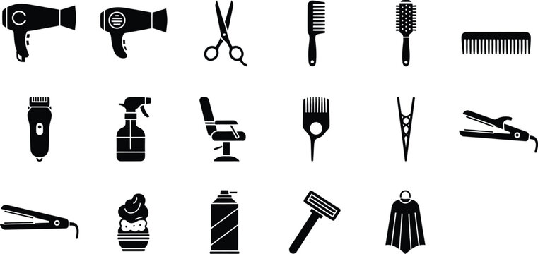 A comprehensive collection of barbershop and hair styling equipment and tools icons