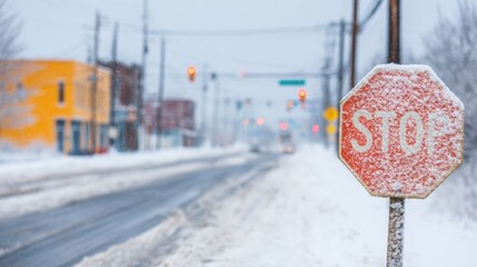 Snowy street with a stop sign in a city area during a winter day