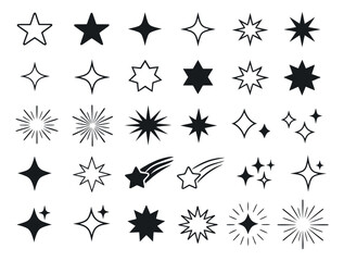Modern star and sparkle icon set featuring various celestial shapes, bursts, and shooting stars for festive design and celebration