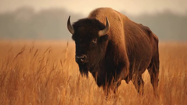 Wild American Bison Stands Proudly in a Golden Hour Prairie Landscape.