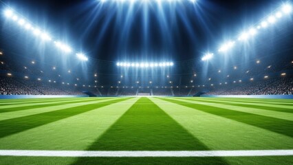Spectacular Night Football Stadium Scene with Vibrant Green Pitch and Crowded Stands Under Bright Lights