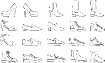 Women footwear outline icons set including heels boots sneakers loafers minimal linear vector isolated on white background