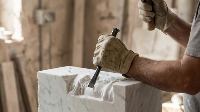 Human sculptor creative touch carving marble stone with chisel hammer gloves workshop detailed artistic craftsmanship skill creating beautiful artwork