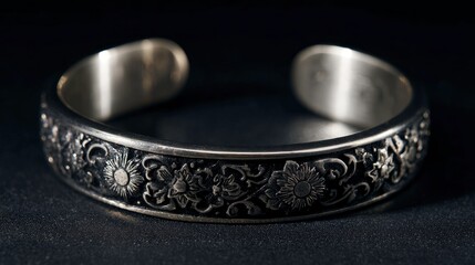 Floral pattern silver bracelet, elegant jewelry on black background.