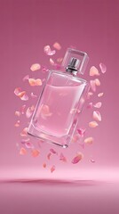 Elegant perfume bottle with falling rose petals, beauty concept.
