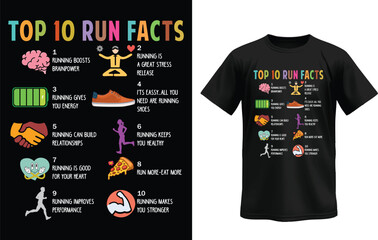 Obraz premium Top 10 Run Facts: A detailed illustration showcasing the top 10 facts about running on a black T-shirt. Ideal for fitness enthusiasts. 
