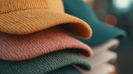 Colorful hats stacked on a table at a market during the day in autumn season