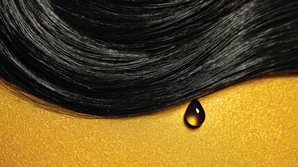 Black hair with golden background and water droplet.