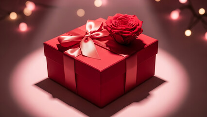 Fototapeta premium A beautifully wrapped red gift box adorned with a rose on Valentine's Day, symbolizing love.