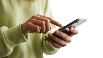 Woman using smartphone in casual green sweater with soft natural lighting for mobile app advertising