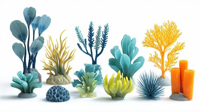 Abstract Underwater Plant Life and Coral Reefs with Vibrant Colors Against White Background