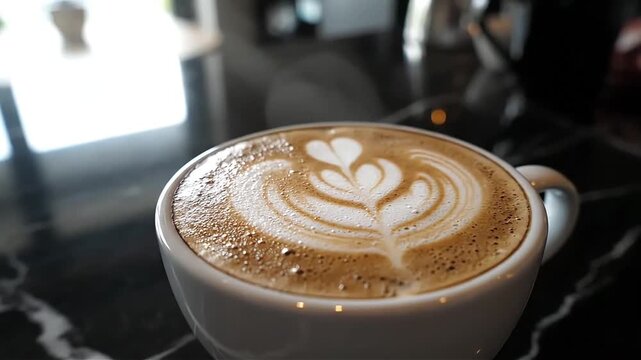 Close-up of a white ceramic latte cup with intricate floral latte art design showcasing rich coffee foam and a warm inviting morning beverage aesthetic