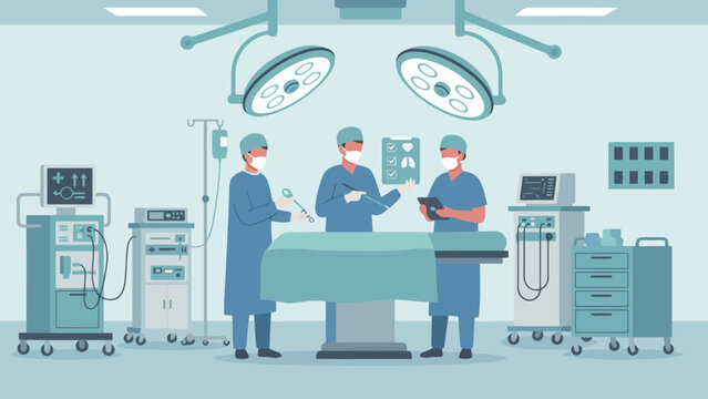 Three surgeons performing an operation in a modern, well-equipped hospital operating room with medical equipment.