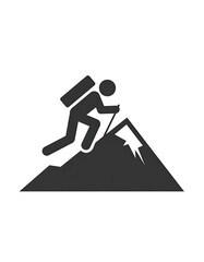 An illustration depicting a silhouetted figure ascending a sharp, triangular mountain peak with a backpack and hiking pole