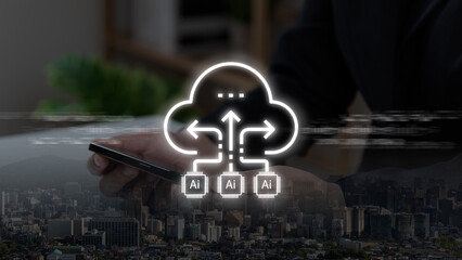 A person hold a smartphone overlaid with a cityscape while a glowing cloud icon connects to three AI chips, neoclouds computing integration and artificial intelligence data processing for applications