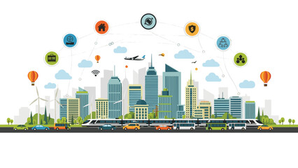 Obraz premium Smart city skyline features skyscrapers and a high speed train with icons representing connectivity, travel, and urban technology.