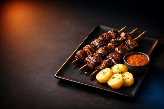 Bolivian anticuchos skewers on a matte rectangular plate, with boiled potatoes and a small sauce cup.
