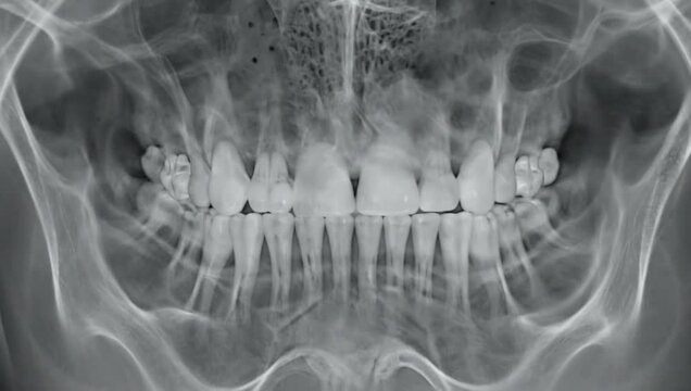 Clinical panoramic x-ray showing the full human jaw and teeth structure for diagnostic examination.
