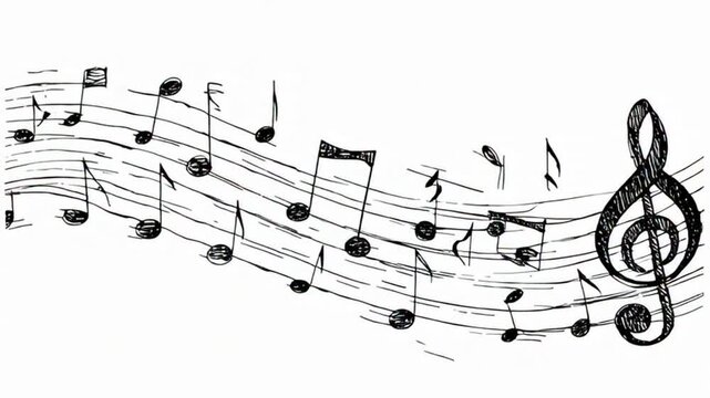 Animated musical composition featuring hand-drawn notes on a white background, black and white