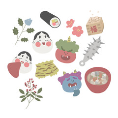 Fototapeta premium 節分 手描き素材イラストセット
