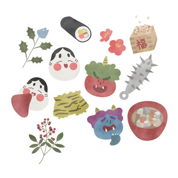 節分　水彩風　手描き素材イラストセット