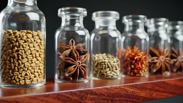 A row of small glass jars filled with various spices like star anise caraway seeds and chili flakes arranged on a dark wooden surface for culinary use