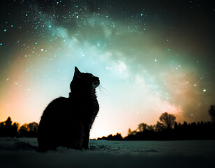 Mystical green-toned starry winter landscape with cat silhouette
